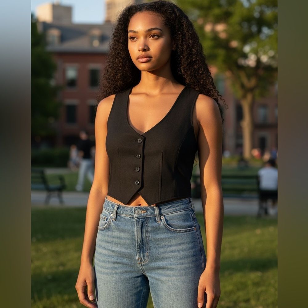NWT GSTQ Women’s Black Button-Down Luxe Tailored Crop Vest Top - Size XS